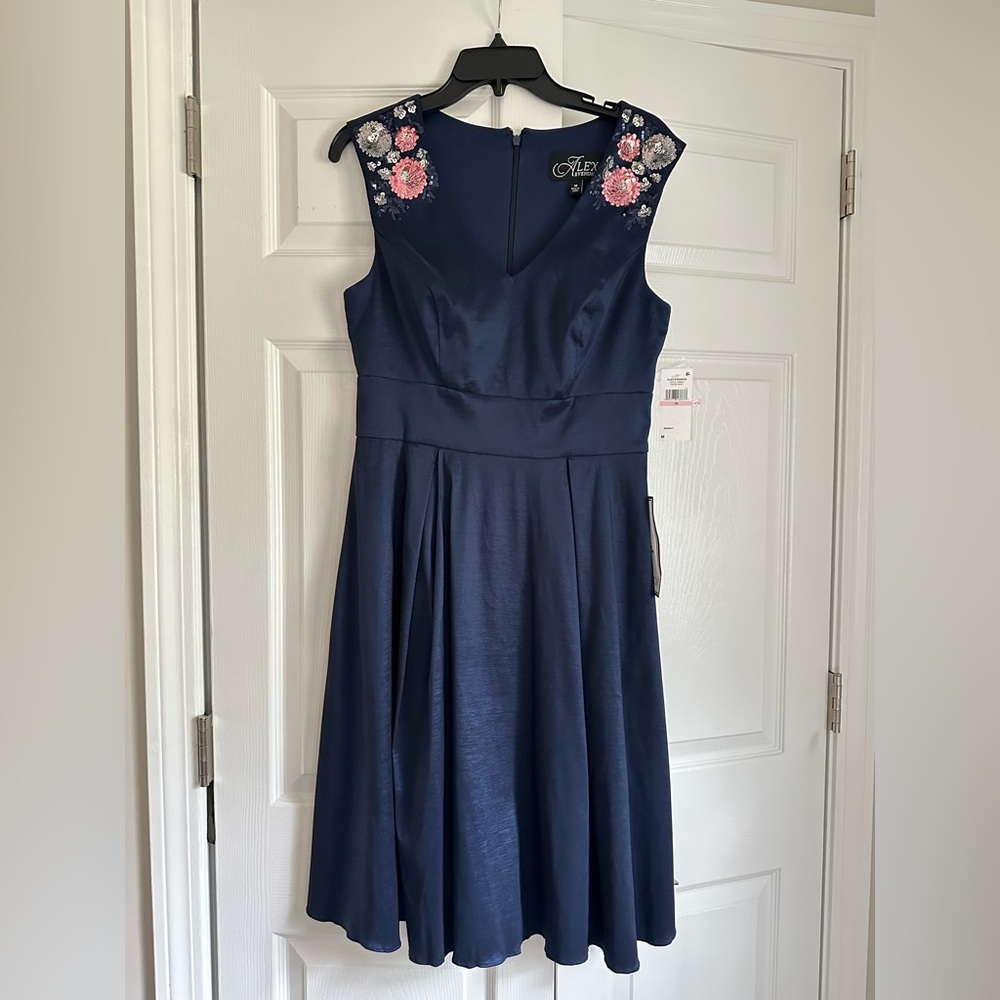 Navy Blue Dress with Floral Embroidery